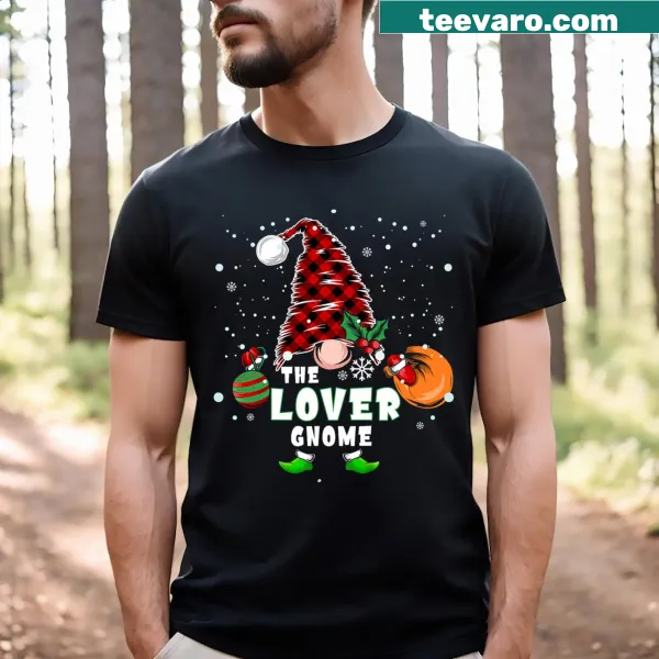 Gnome graphic in buffalo plaid for family Christmas T-shirt