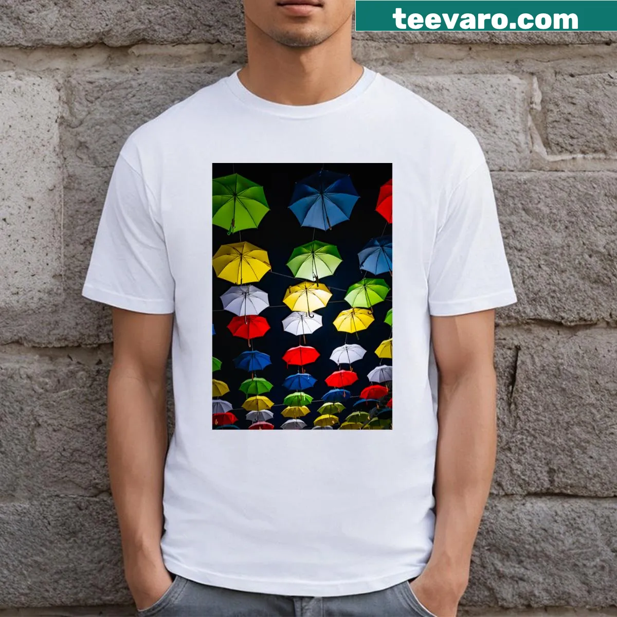 T-shirt depicting illuminated umbrellas against a night sky — on a men's t-shirt