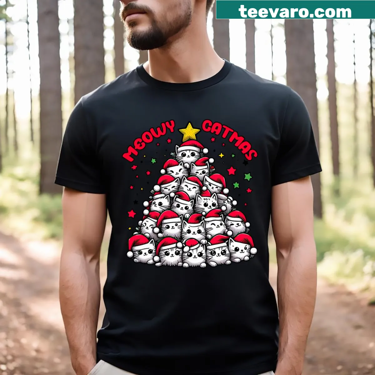 Funny cat Christmas shirt with kittens and lights design — on a men's t-shirt