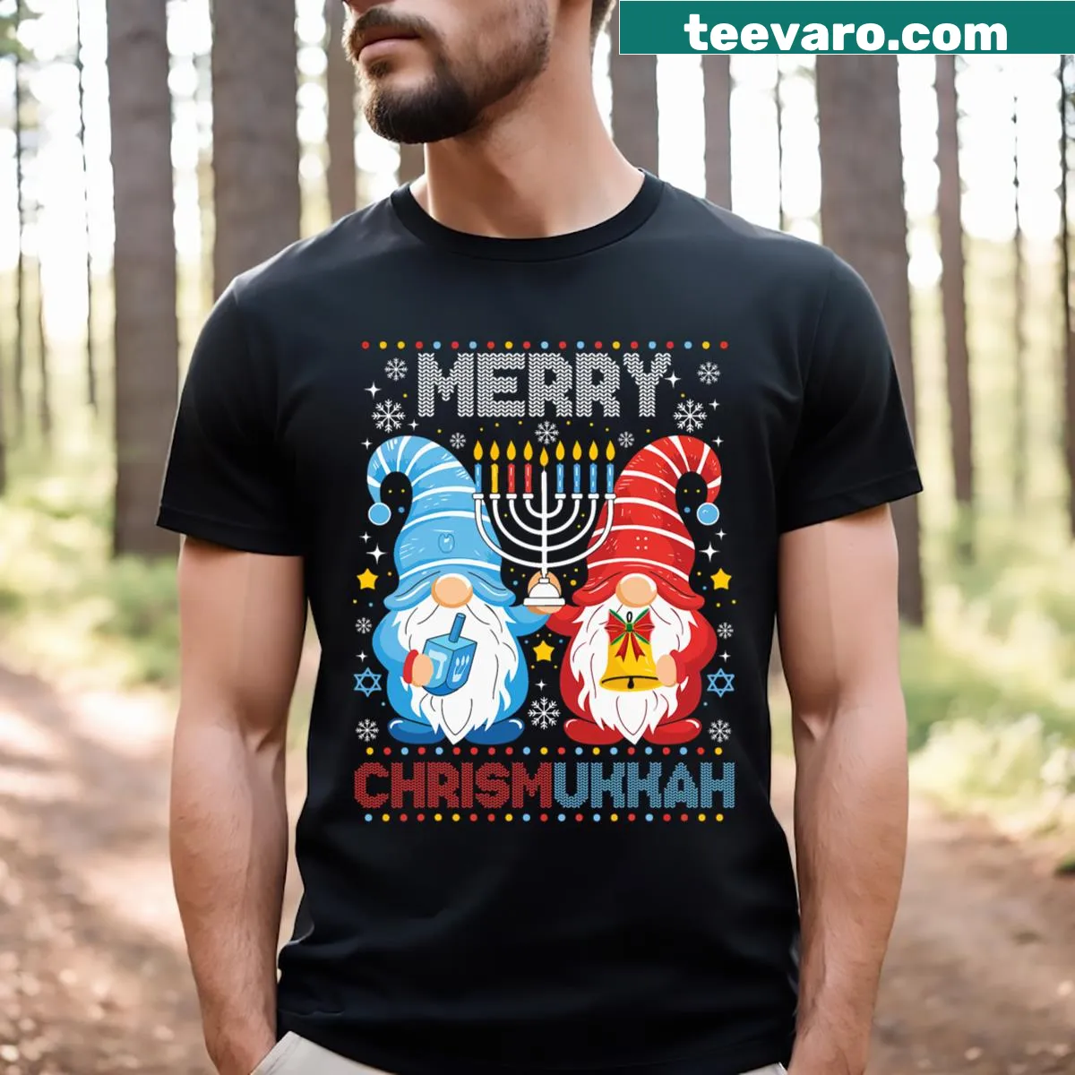 Gnomes celebrating Christmas and Hanukkah on a funny holiday t-shirt — on a men's t-shirt