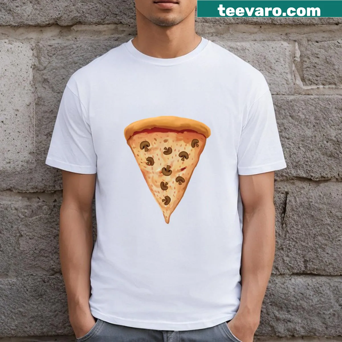 T-shirt with a humorous illustration of a mushroom pizza slice — on a men's t-shirt