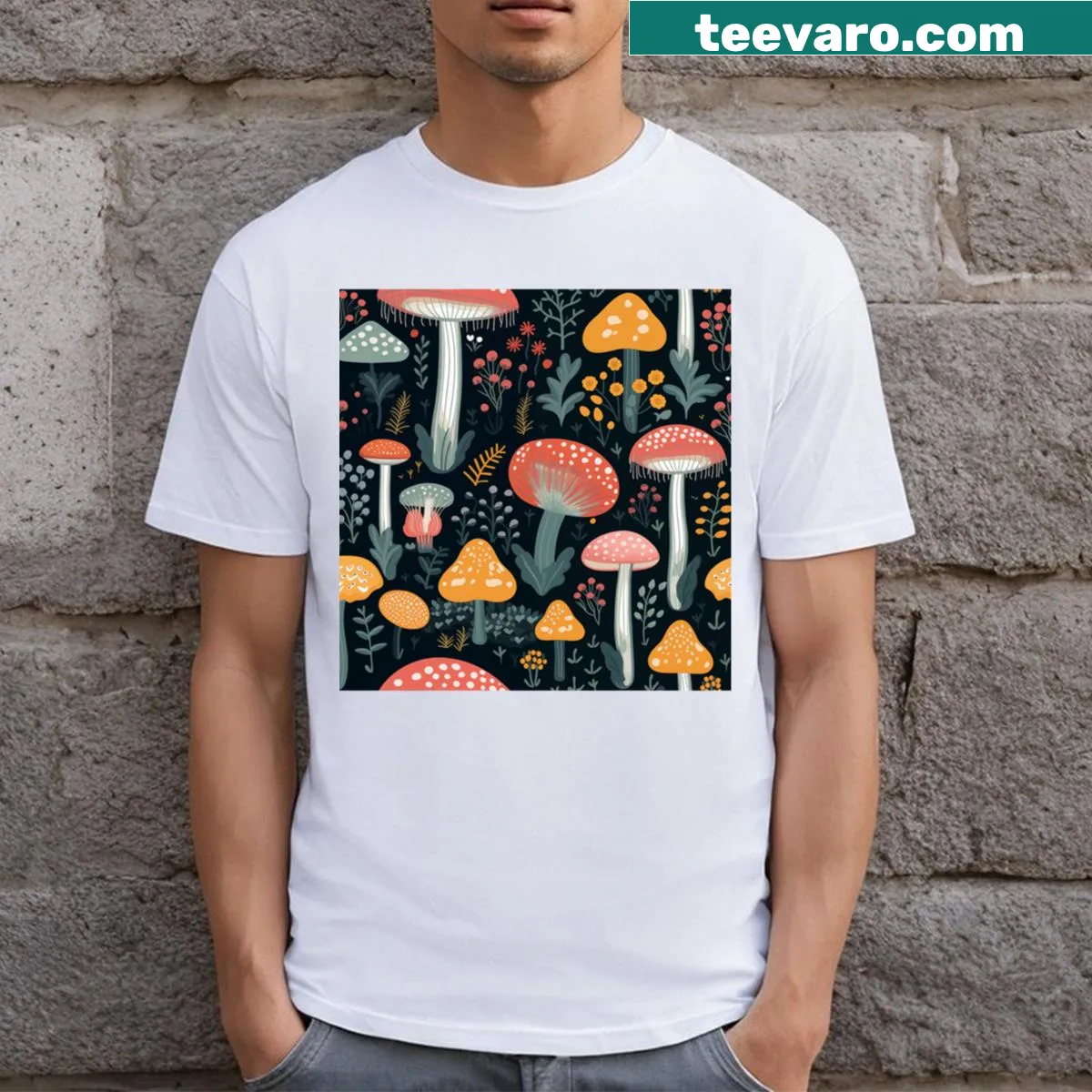 Elegant autumn design with mushrooms and foliage on a black T-shirt — on a men's t-shirt