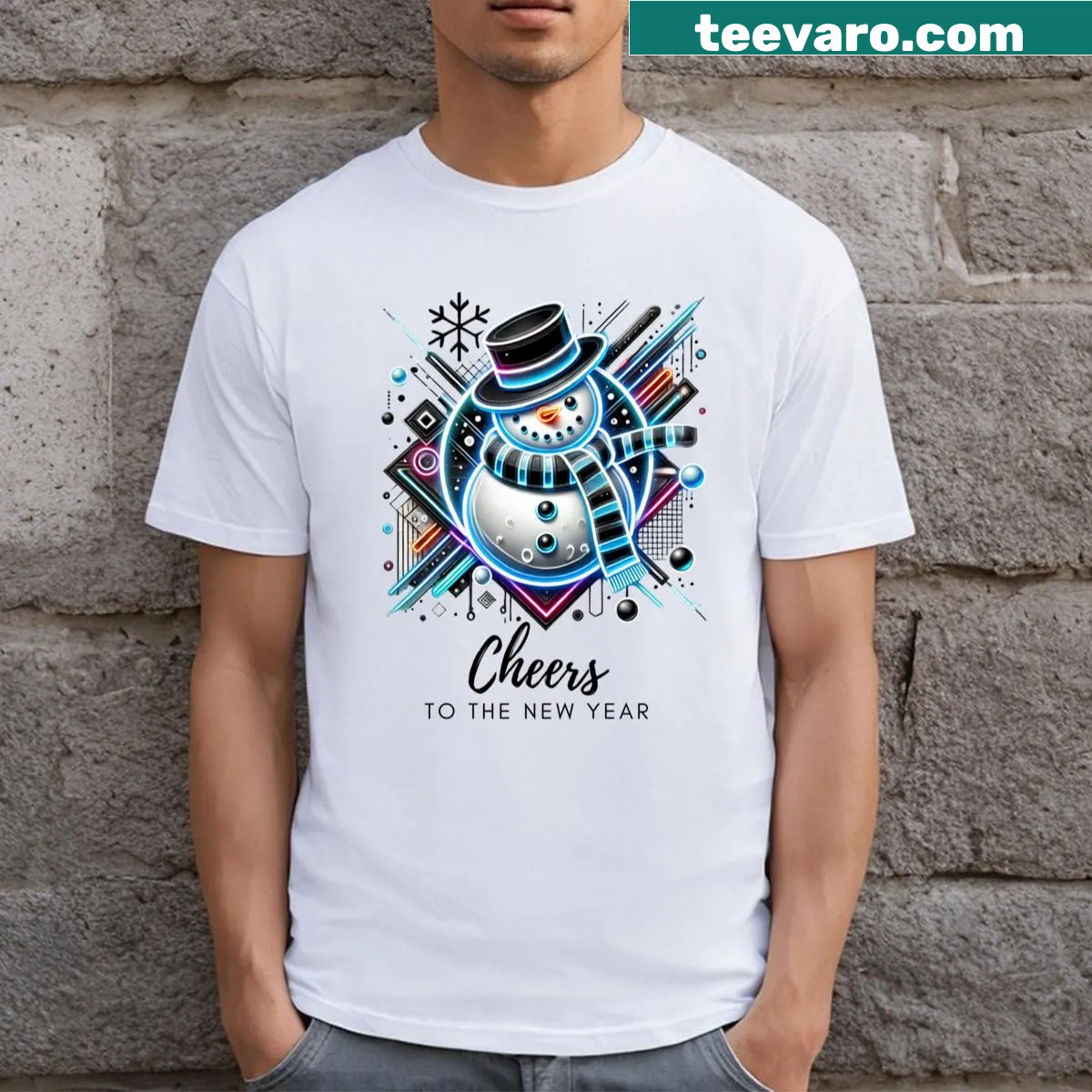T-shirt with cheerful snowman illustration for New Year — on a men's t-shirt