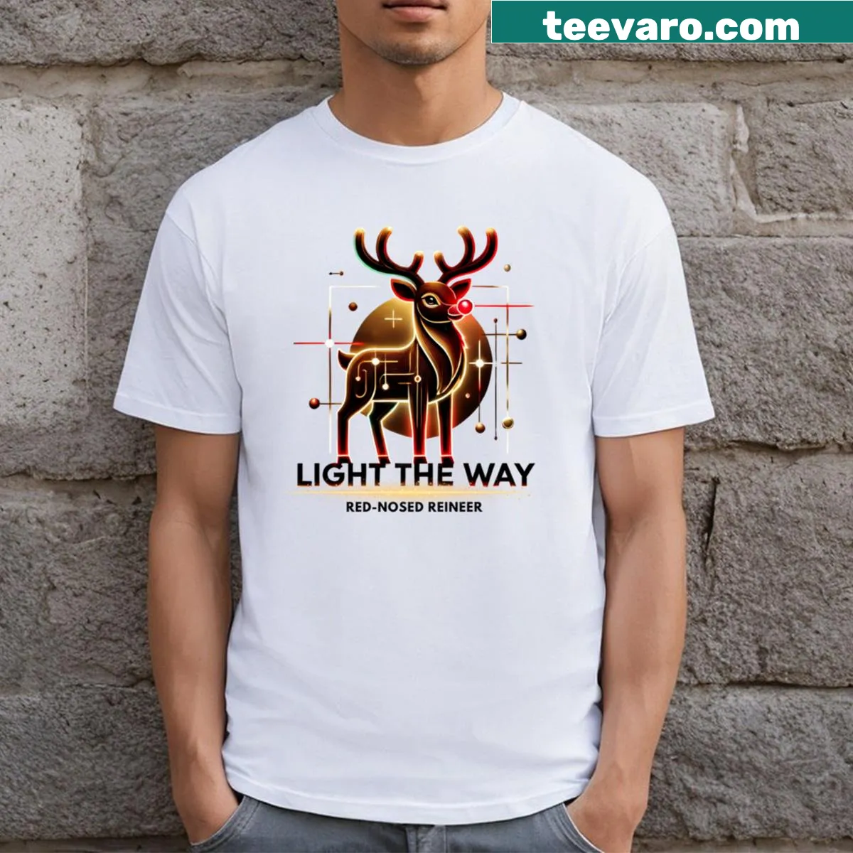 Christmas shirt featuring neon Rudolph the Red-Nosed Reindeer — on a men's t-shirt