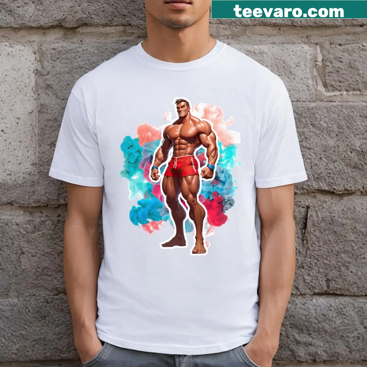 Minimalist bodybuilder graphic on a fitness-themed T-shirt — on a men's t-shirt