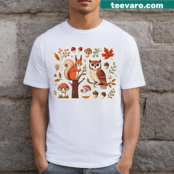 Cartoon owl and squirrel graphic on kids' T-shirt