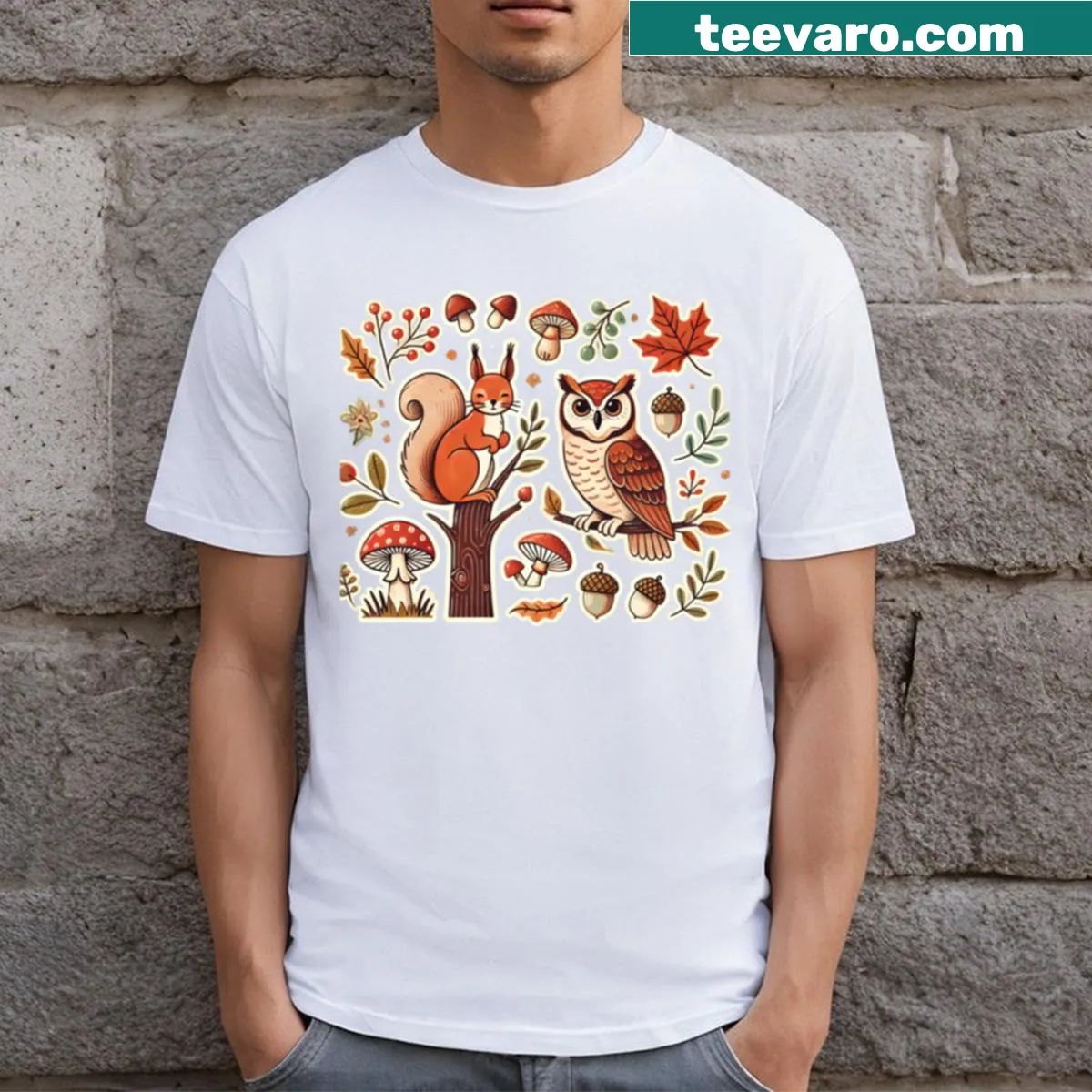 Cartoon owl and squirrel graphic on kids' T-shirt — on a men's t-shirt
