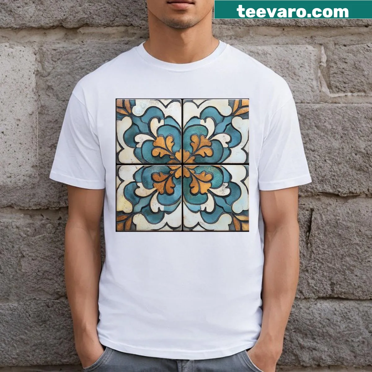 Portuguese tile kaleidoscope pattern T-shirt design — on a men's t-shirt