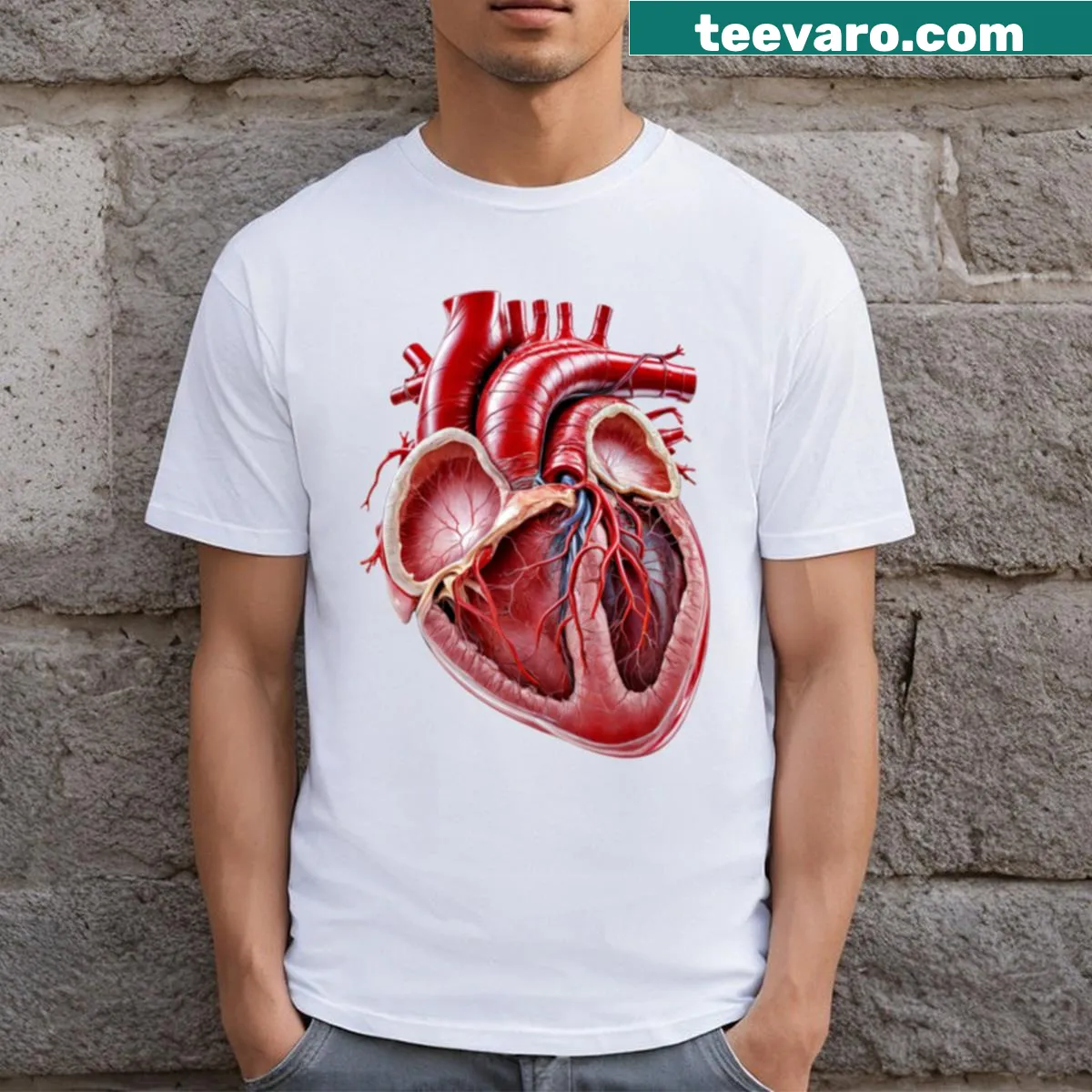 T-shirt featuring an illustration of a human heart anatomy — on a men's t-shirt