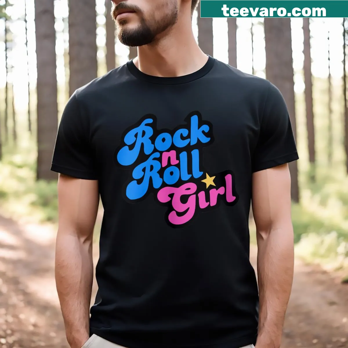 Illustrated T-shirt for girls featuring rock and roll and ocean themes — on a men's t-shirt