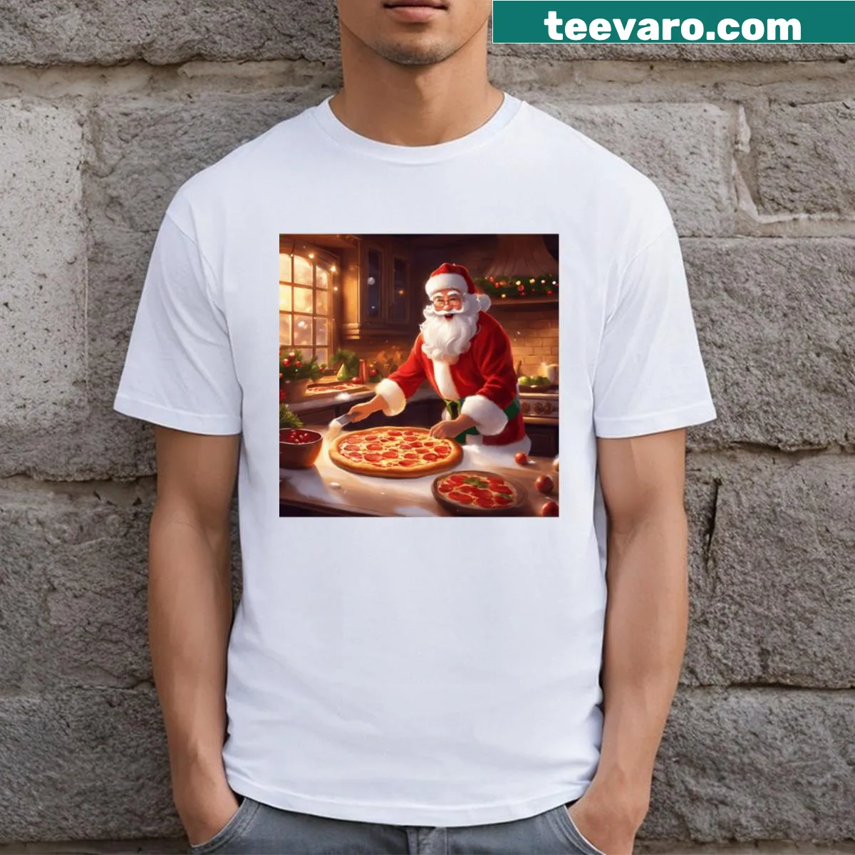 Santa Claus amusingly making pizza in a festive design. — on a men's t-shirt