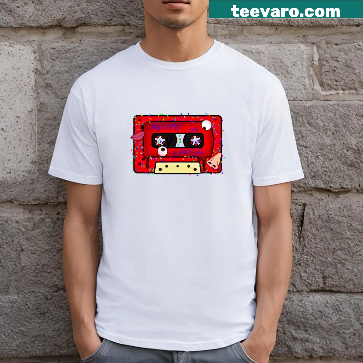 Retro cassette tape graphic with 'Married To The Music' text — on a men's t-shirt