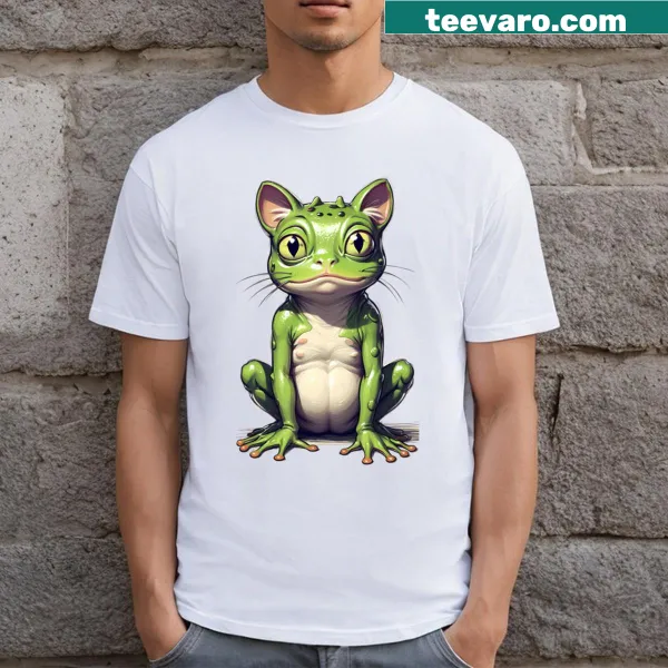 Playful cat-themed t-shirt with cartoon frogs in a sketch style