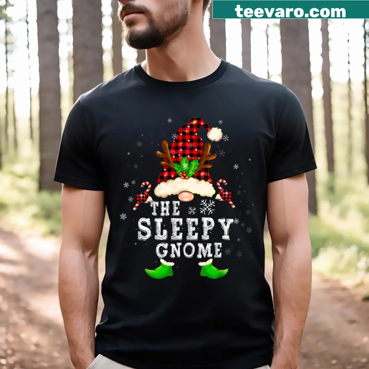Family matching T-shirt with a sleepy gnome illustration — on a men's t-shirt
