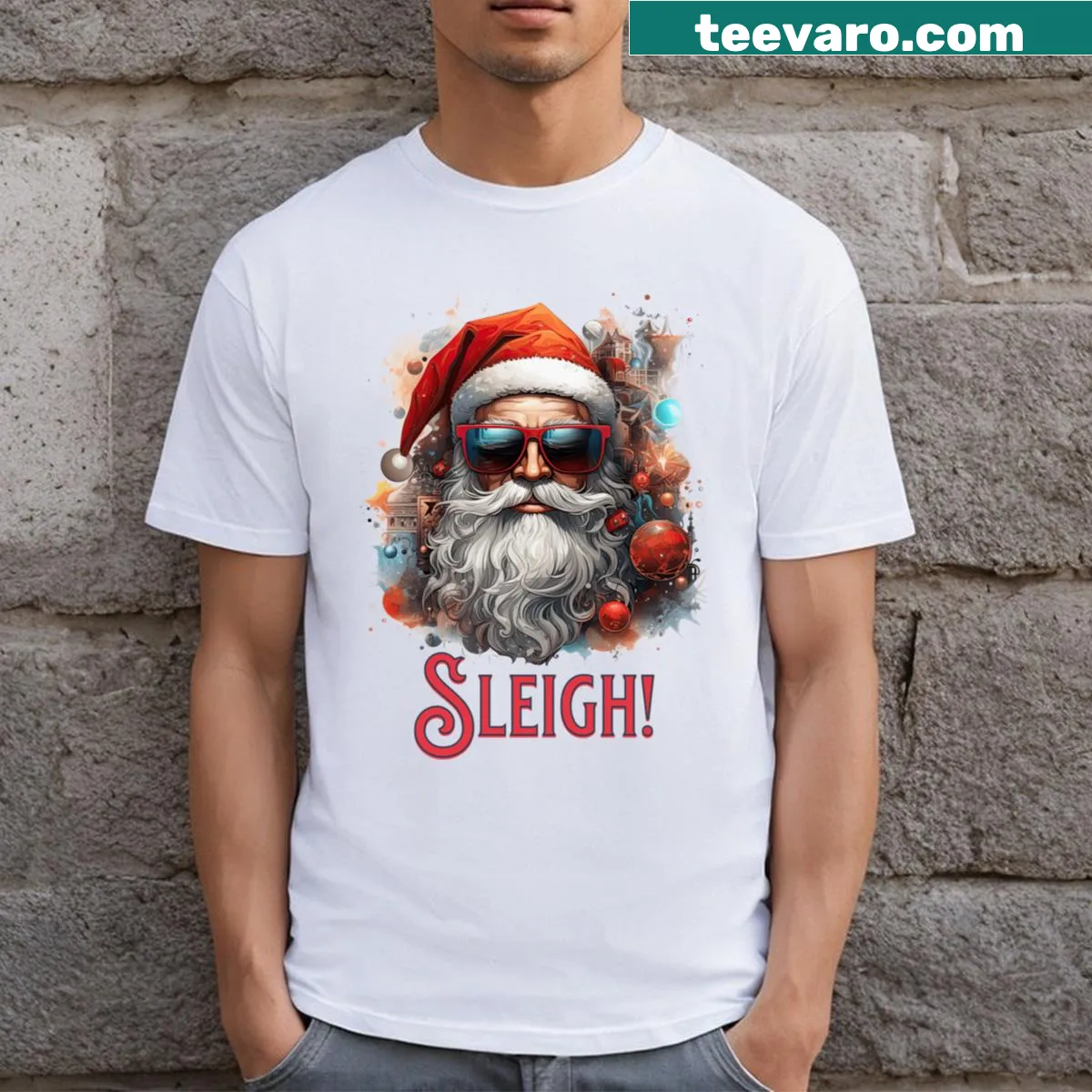 Playful typography design saying 'Sleigh!' on a t-shirt — on a men's t-shirt
