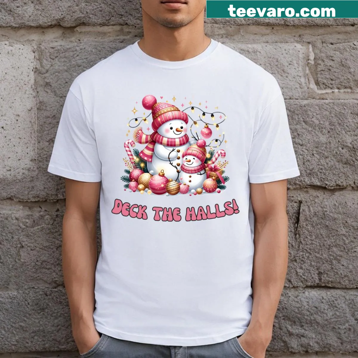 Illustration of a snowman and child with ornaments for winter fun — on a men's t-shirt