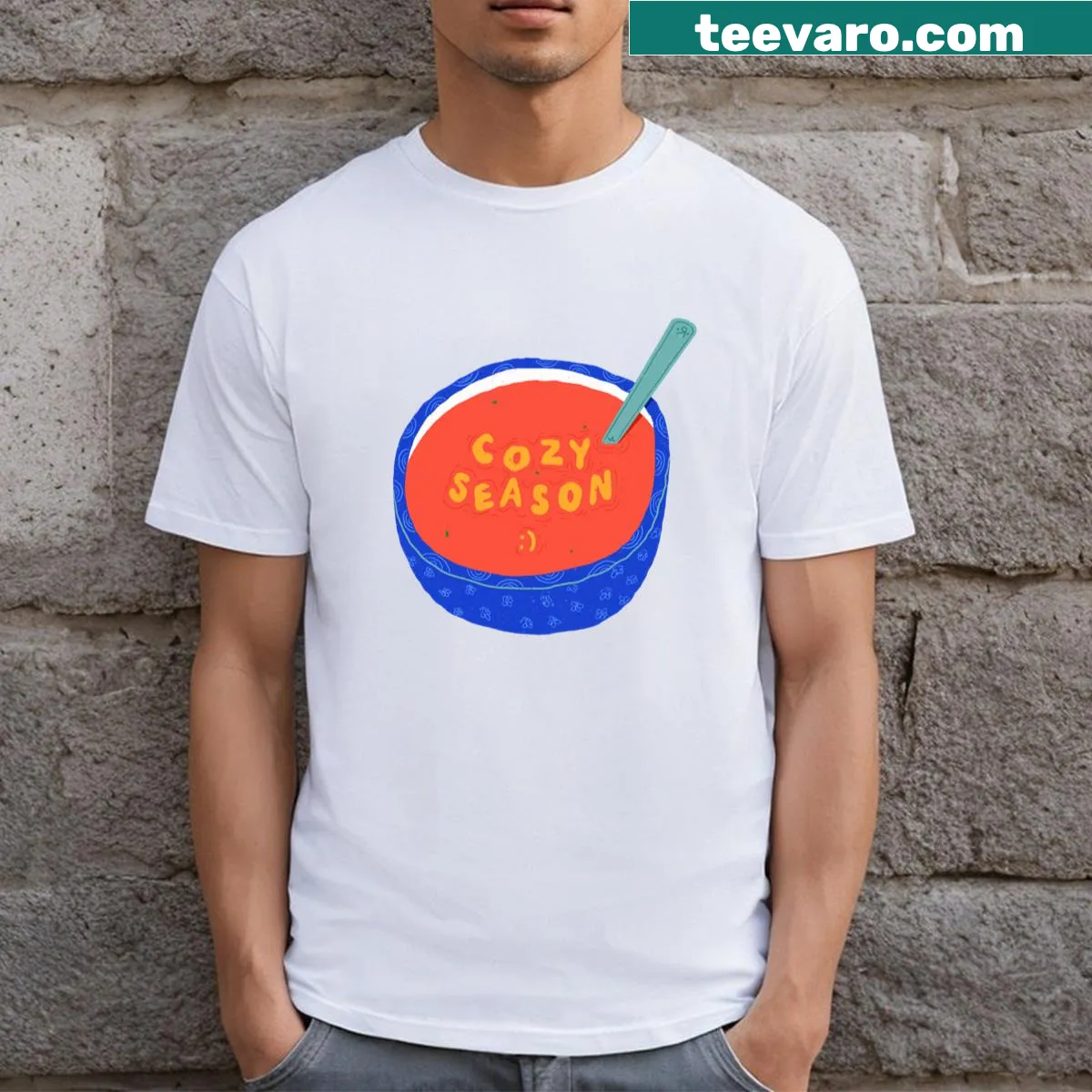 Graphic T-shirt featuring various soup illustrations — on a men's t-shirt