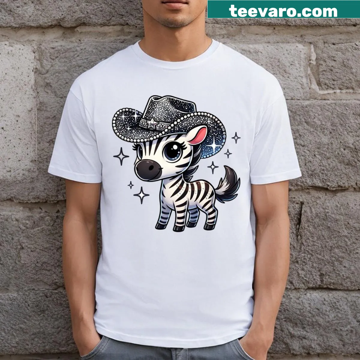 T-shirt featuring a zebra in a cowgirl hat illustration — on a men's t-shirt