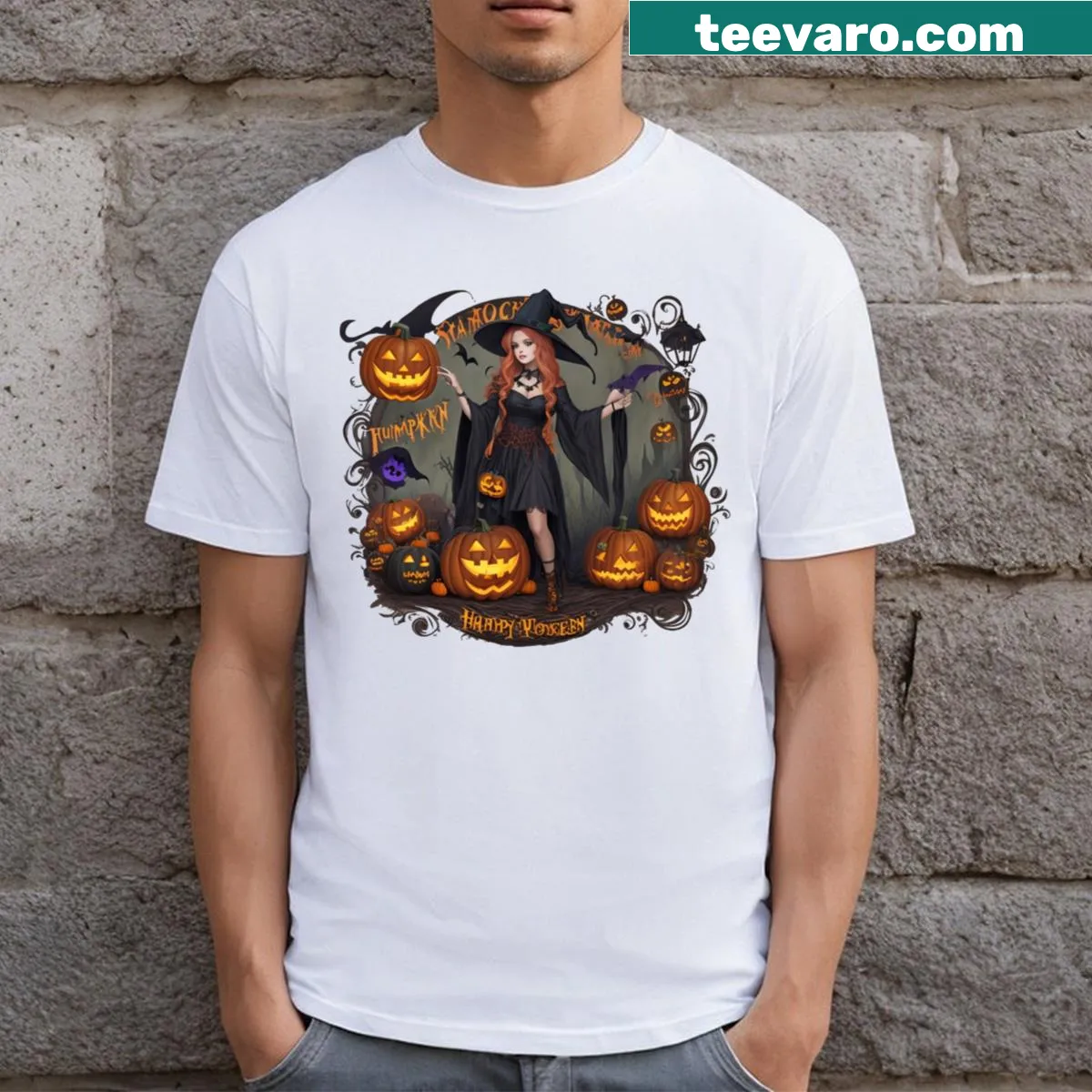 T-shirt with a cute witch and pumpkins illustration for Halloween — on a men's t-shirt