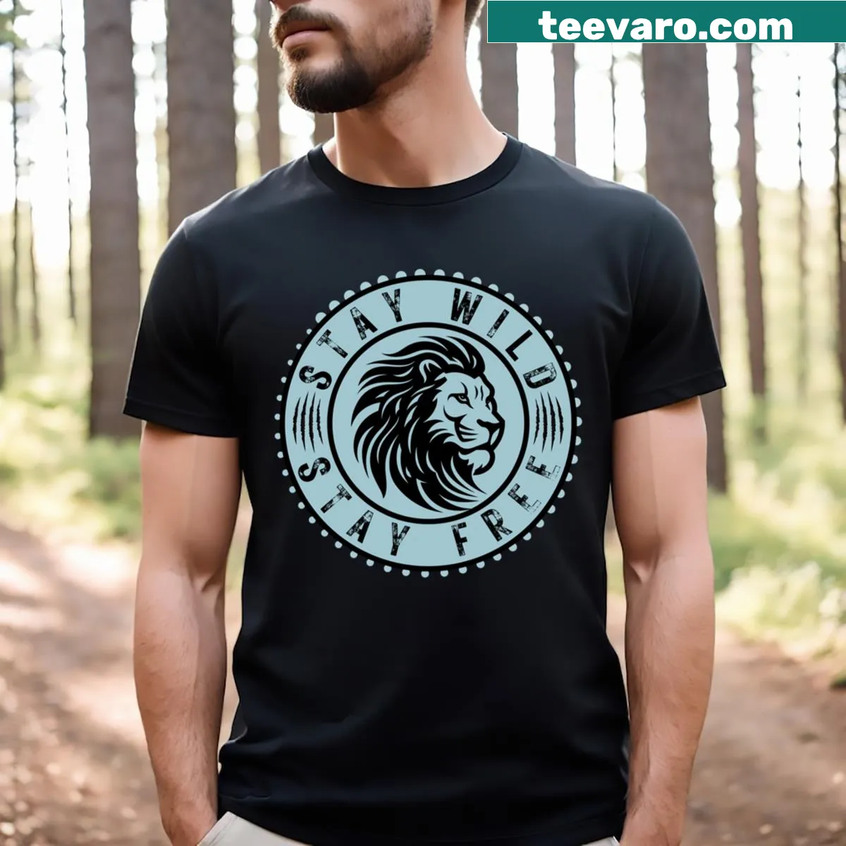 Inspirational T-shirt with the phrase 'Stay Wild Stay Free' — on a men's t-shirt