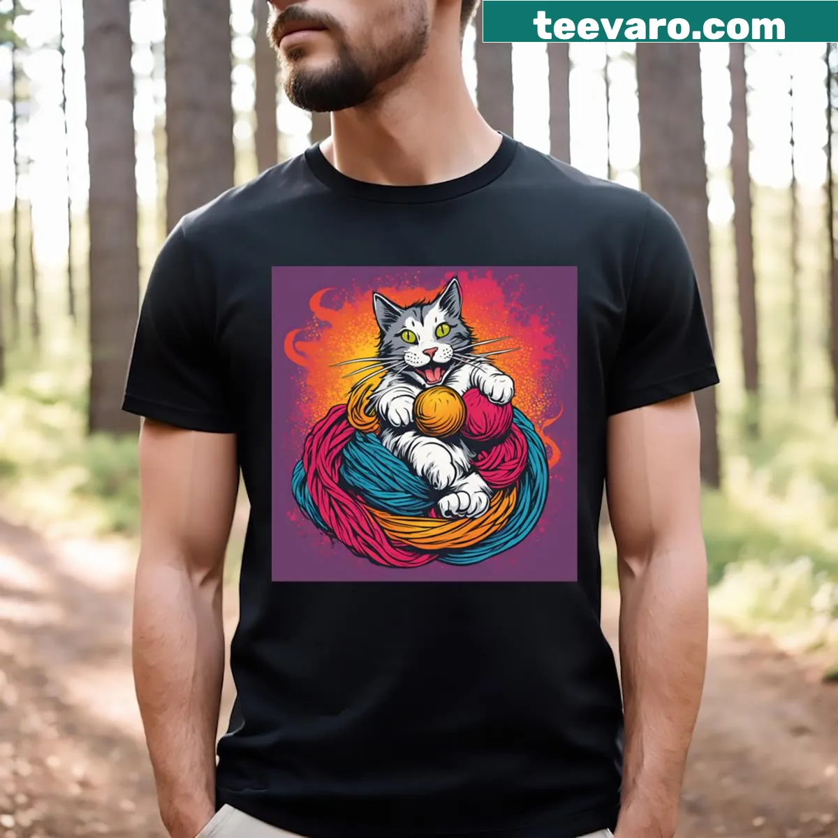 Illustrated T-shirt featuring a cute cat playing with colorful wool — on a men's t-shirt