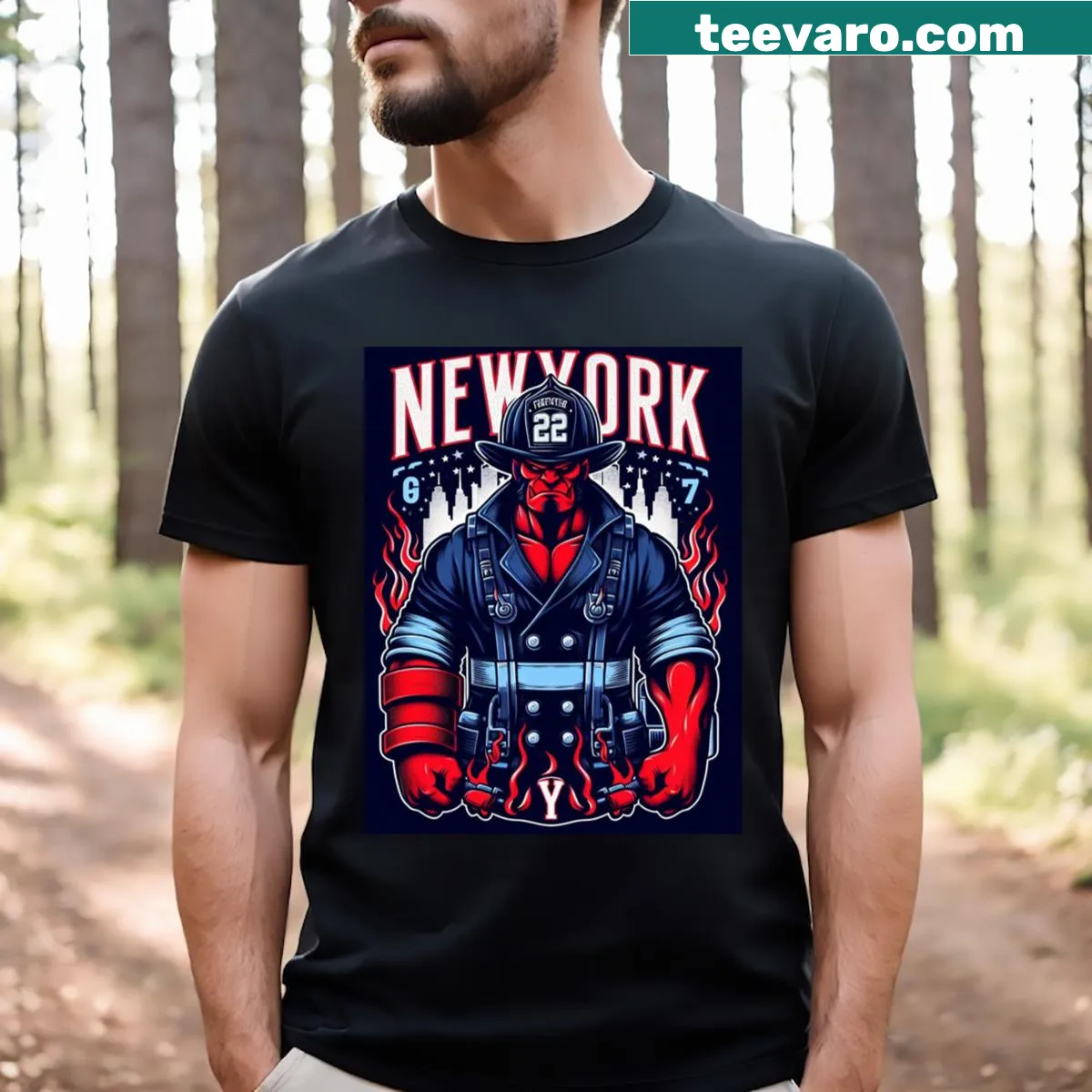 Illustration of Firefighter Hellman, a heroic firefighter on a T-shirt — on a men's t-shirt