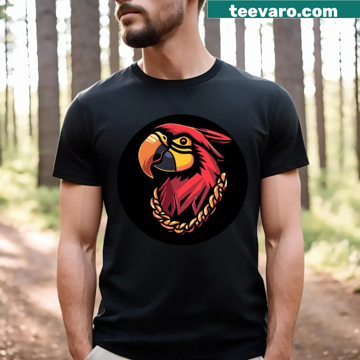 Tactical parrot design t-shirt featuring a parrot in military gear — on a men's t-shirt