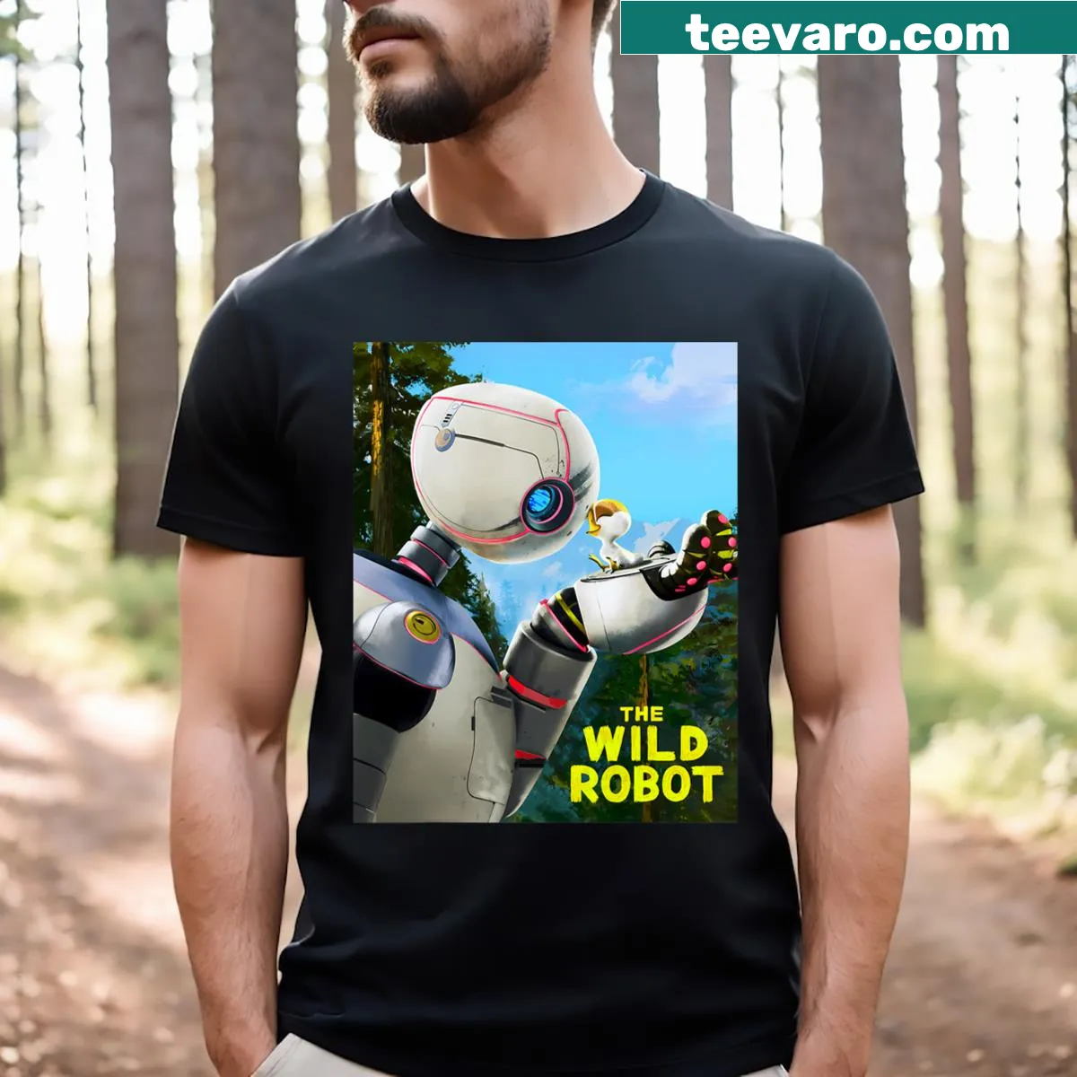 Illustrative T-shirt featuring a robot in a whimsical landscape — on a men's t-shirt