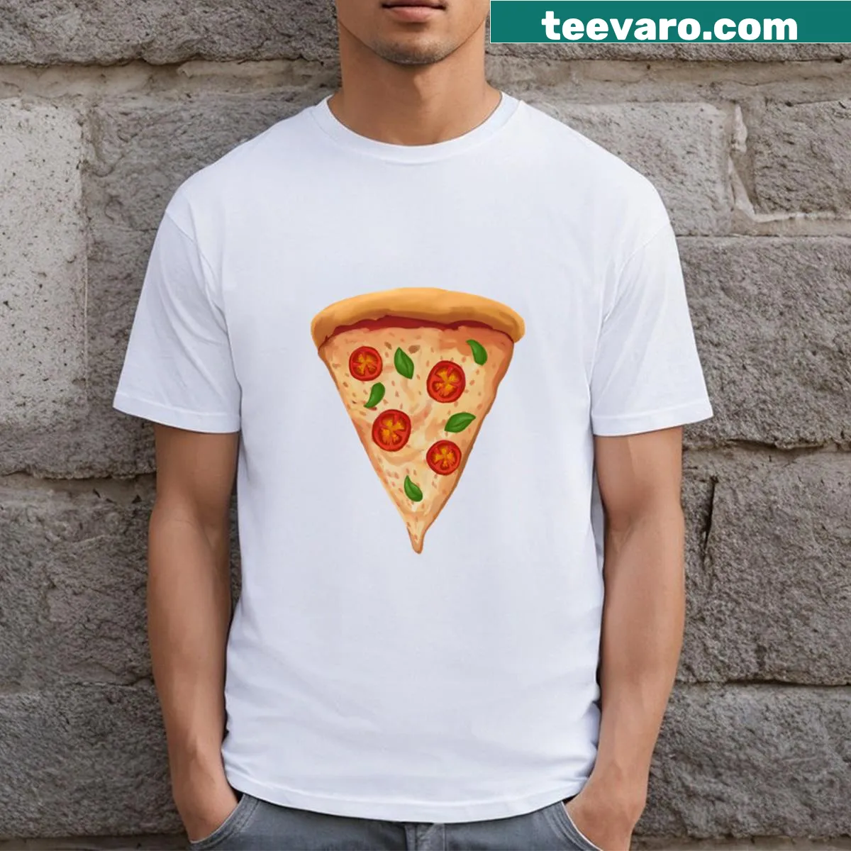 T-shirt featuring a tomato and basil pizza illustration — on a men's t-shirt