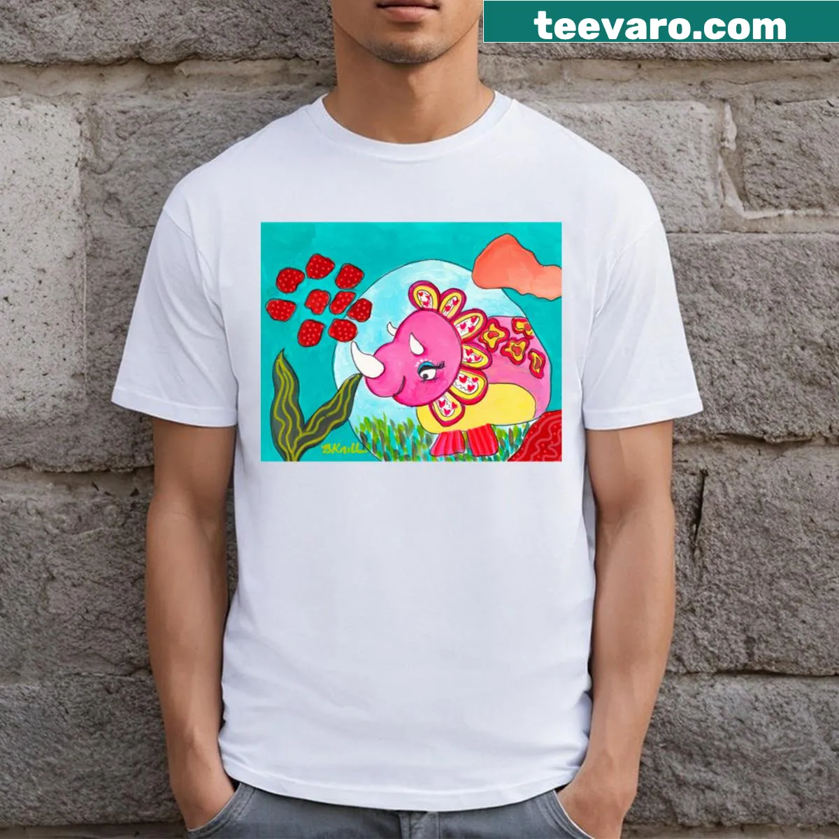 Abstract illustration of Tricia the Triceratops on a dinosaur-themed t-shirt — on a men's t-shirt