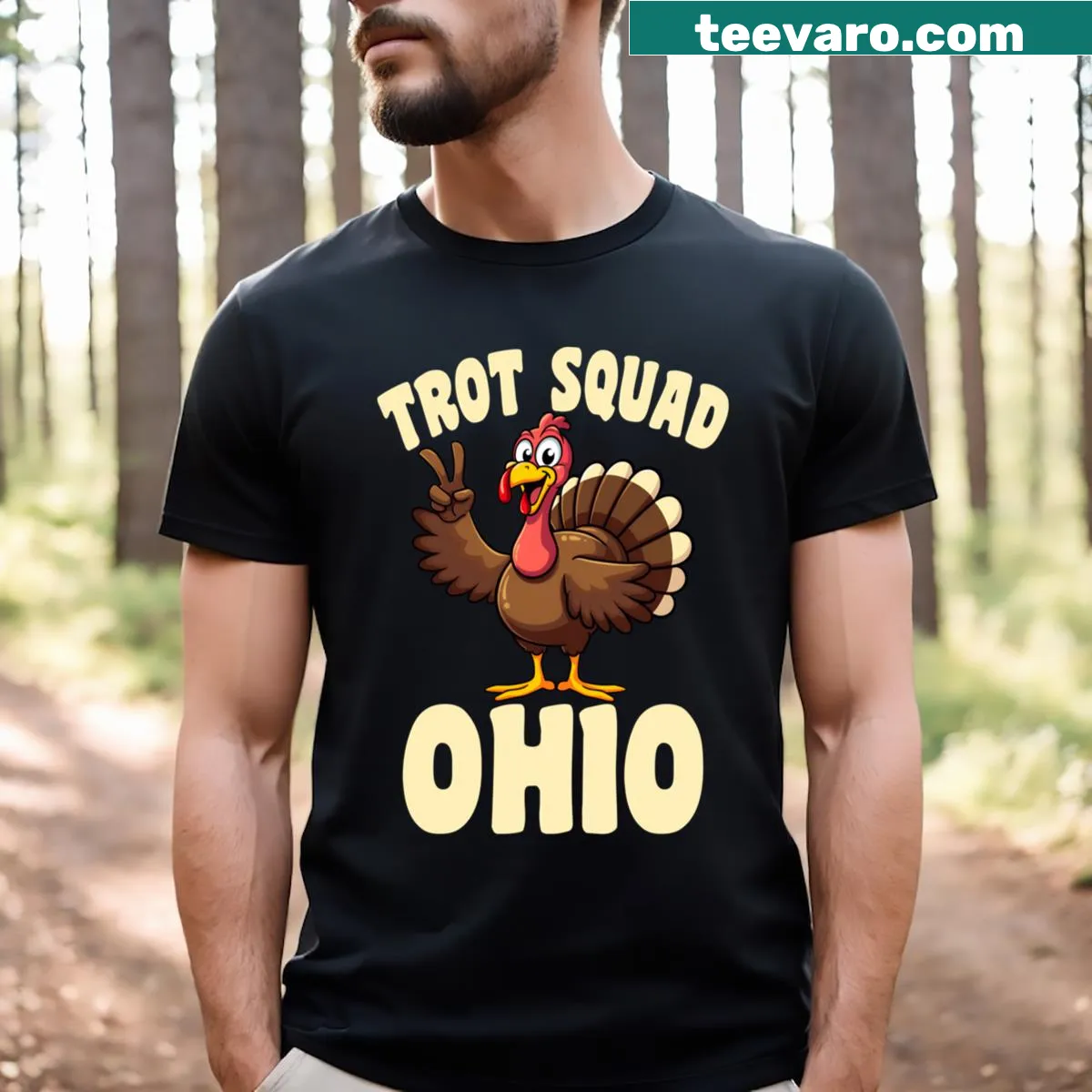 Ohio Turkey Trot Race graphic t-shirt for Thanksgiving. — on a men's t-shirt