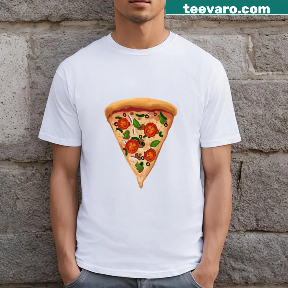 Funny veggie pizza t-shirt with humorous graphic — on a men's t-shirt