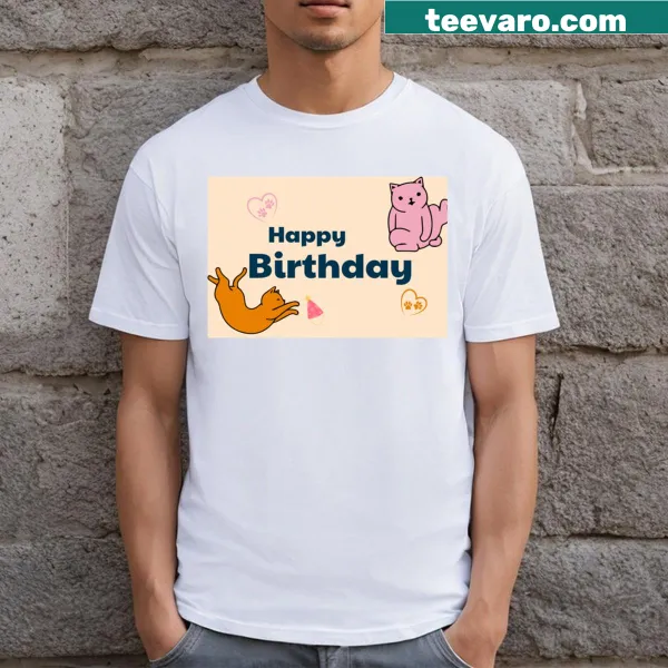 Whimsical cat birthday celebration t-shirt with playful illustration