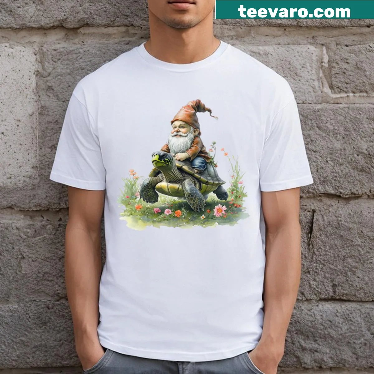 Whimsical gnome riding turtle t-shirt with playful illustration — on a men's t-shirt