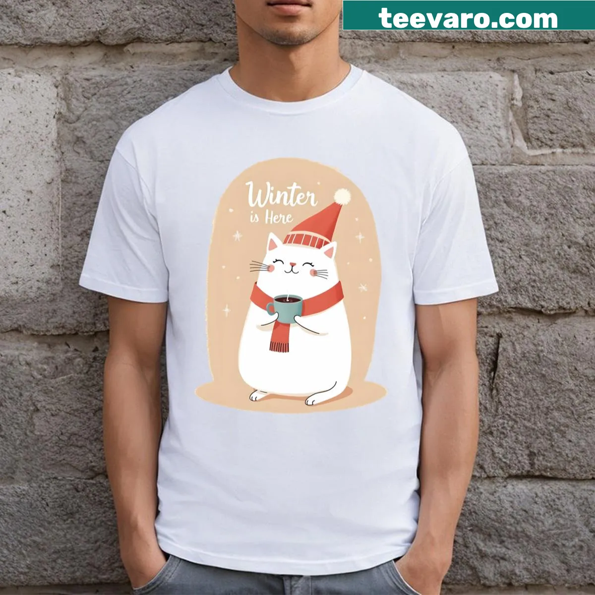 Winter cat with hot chocolate t-shirt featuring playful illustration — on a men's t-shirt