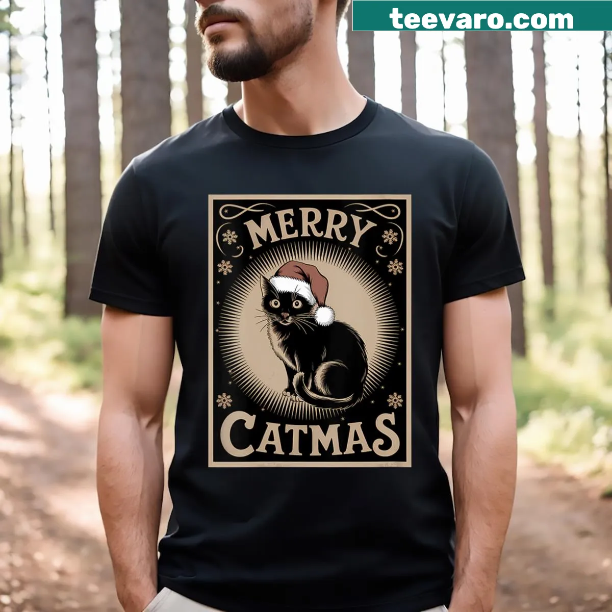 Vintage Cat with Santa Hat t-shirt for Christmas — on a men's t-shirt