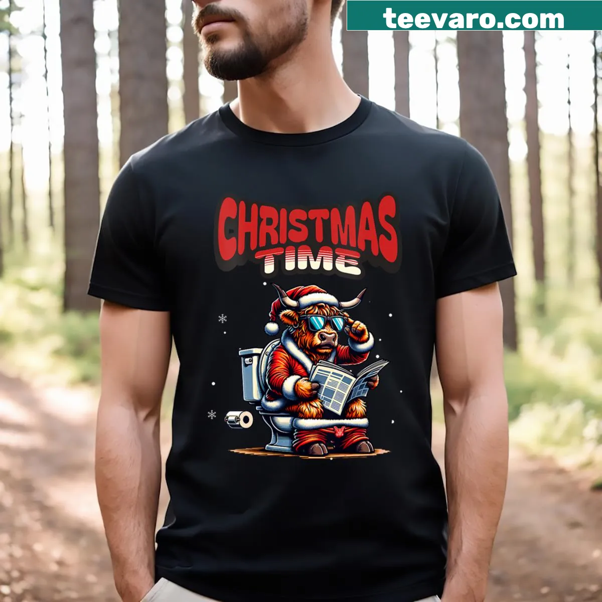 Vintage Santa Claus on toilet T-shirt with reindeer graphic — on a men's t-shirt