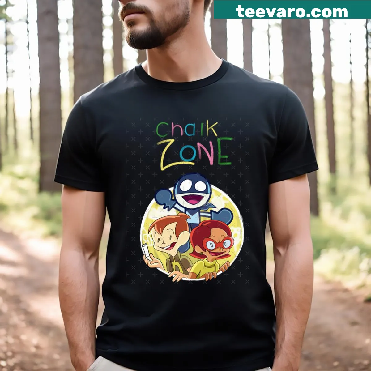 Illustrated T-shirt featuring magic chalk from a 2000s cartoon — on a men's t-shirt