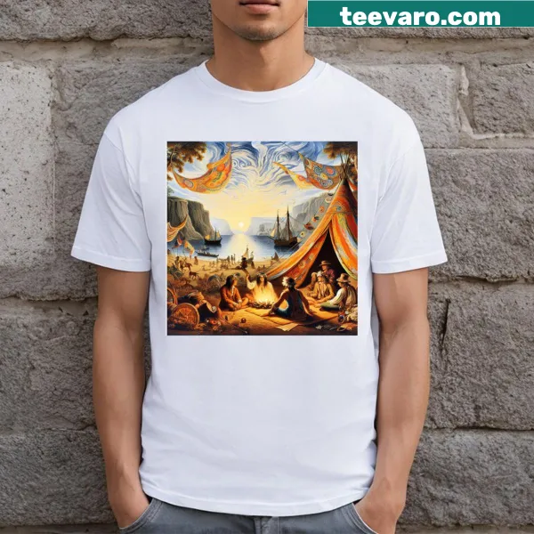 Graphic t-shirt featuring a beach camping illustration.
