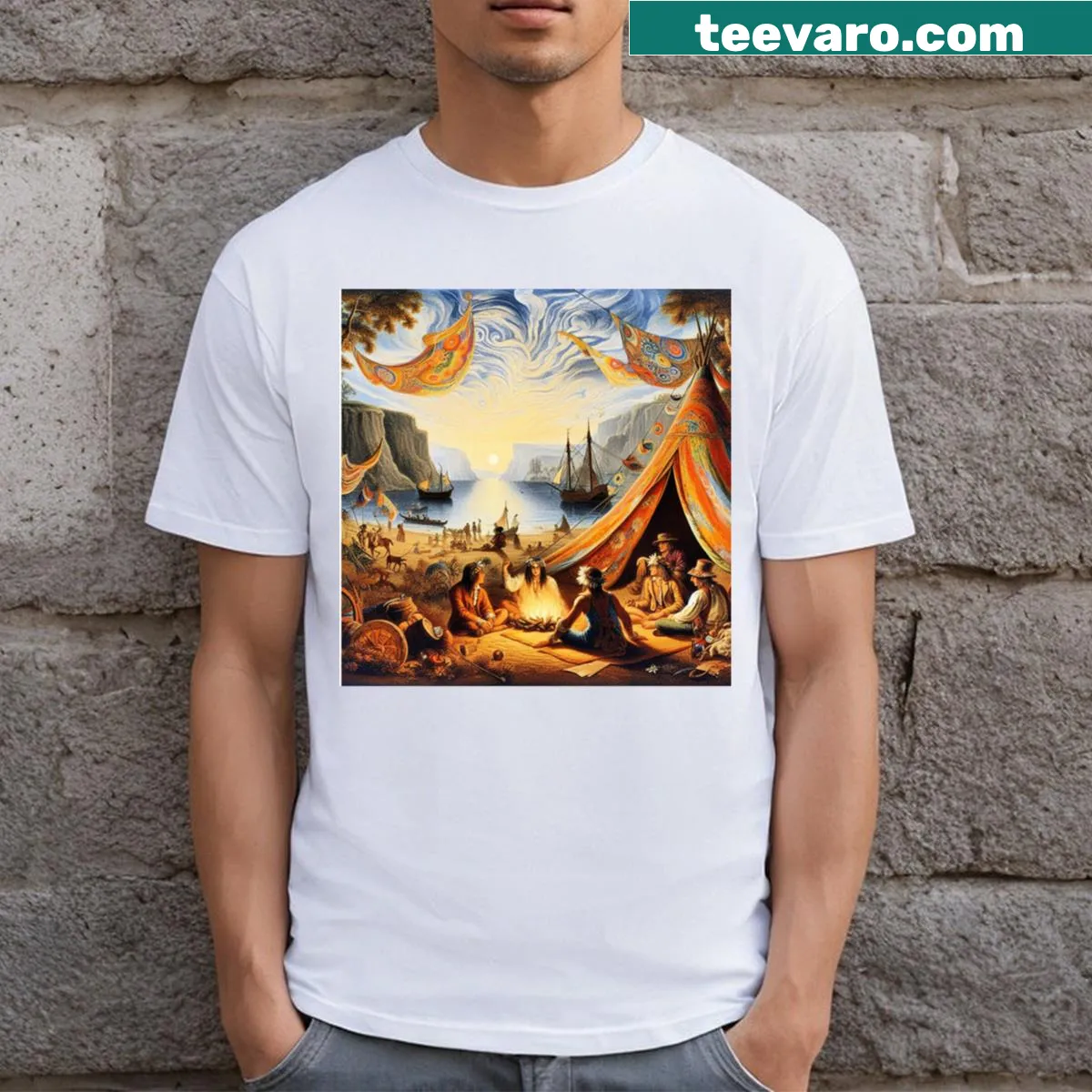 Graphic t-shirt featuring a beach camping illustration. — on a men's t-shirt