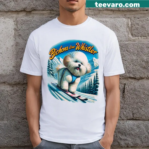 Illustrative T-shirt featuring skiing and dog themes in Whistler