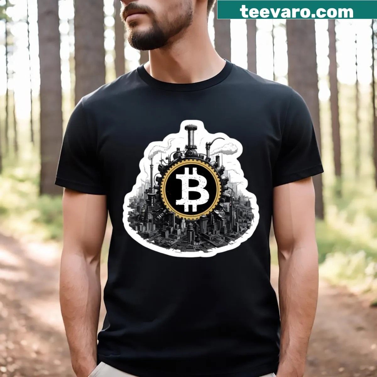 Bold text saying 'Believe In Crypto' on a Bitcoin-themed t-shirt — on a men's t-shirt