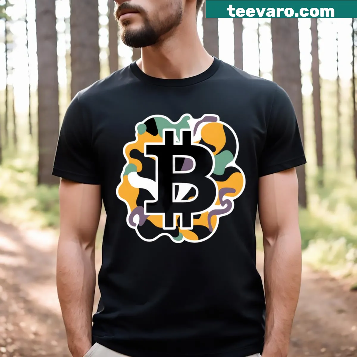 Graphic t-shirt design of a Bitcoin defender — on a men's t-shirt