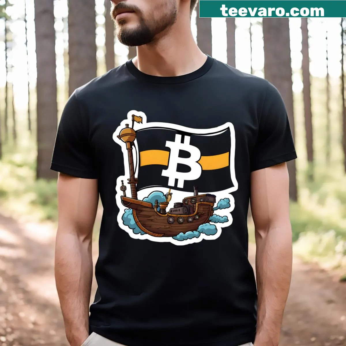 T-shirt with compass graphic and text about guiding digital currency path — on a men's t-shirt