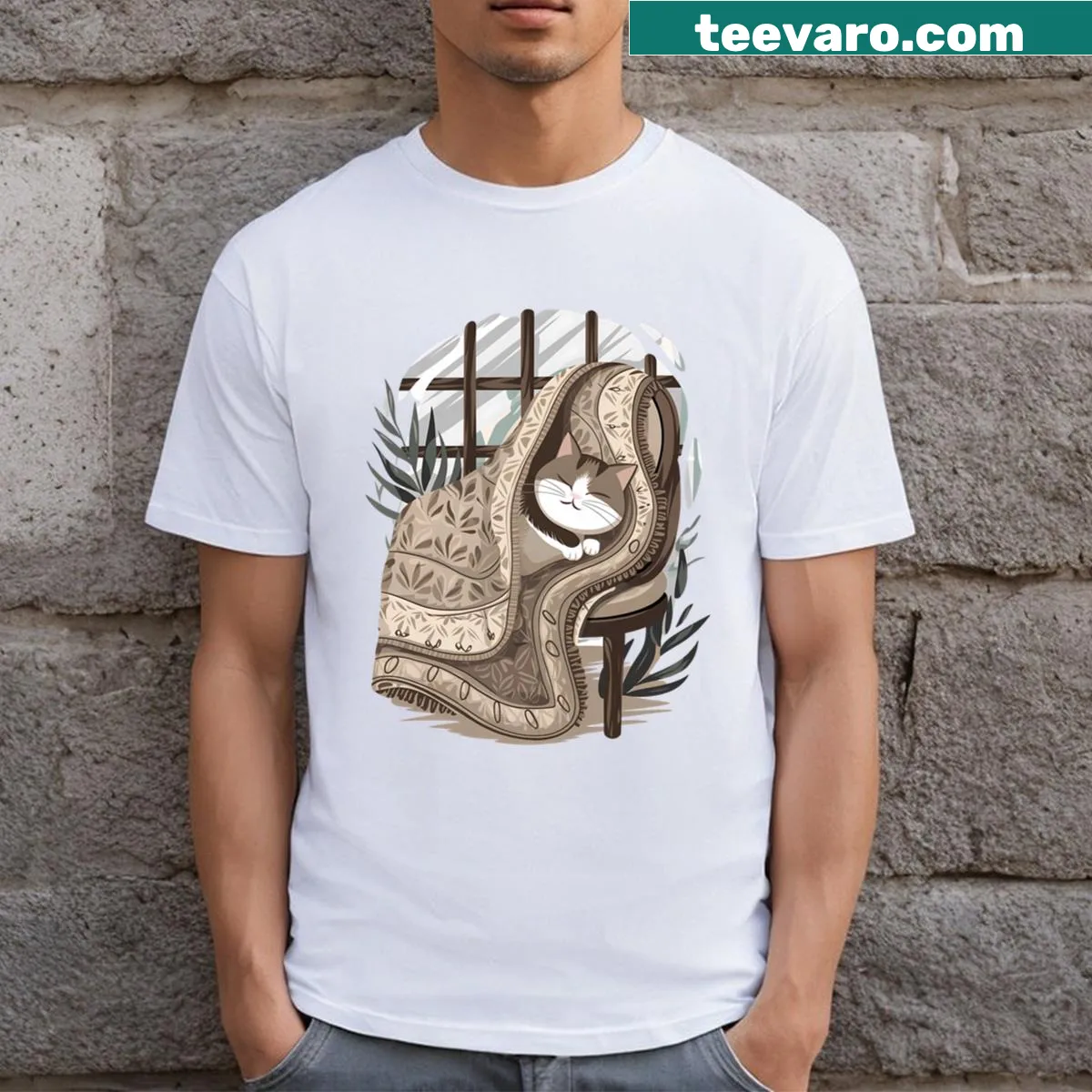 Illustrated T-shirt featuring a cozy kitty in a blanket — on a men's t-shirt