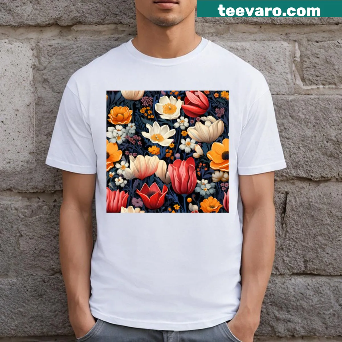 Bohemian T-shirt with intricate floral abstract design — on a men's t-shirt