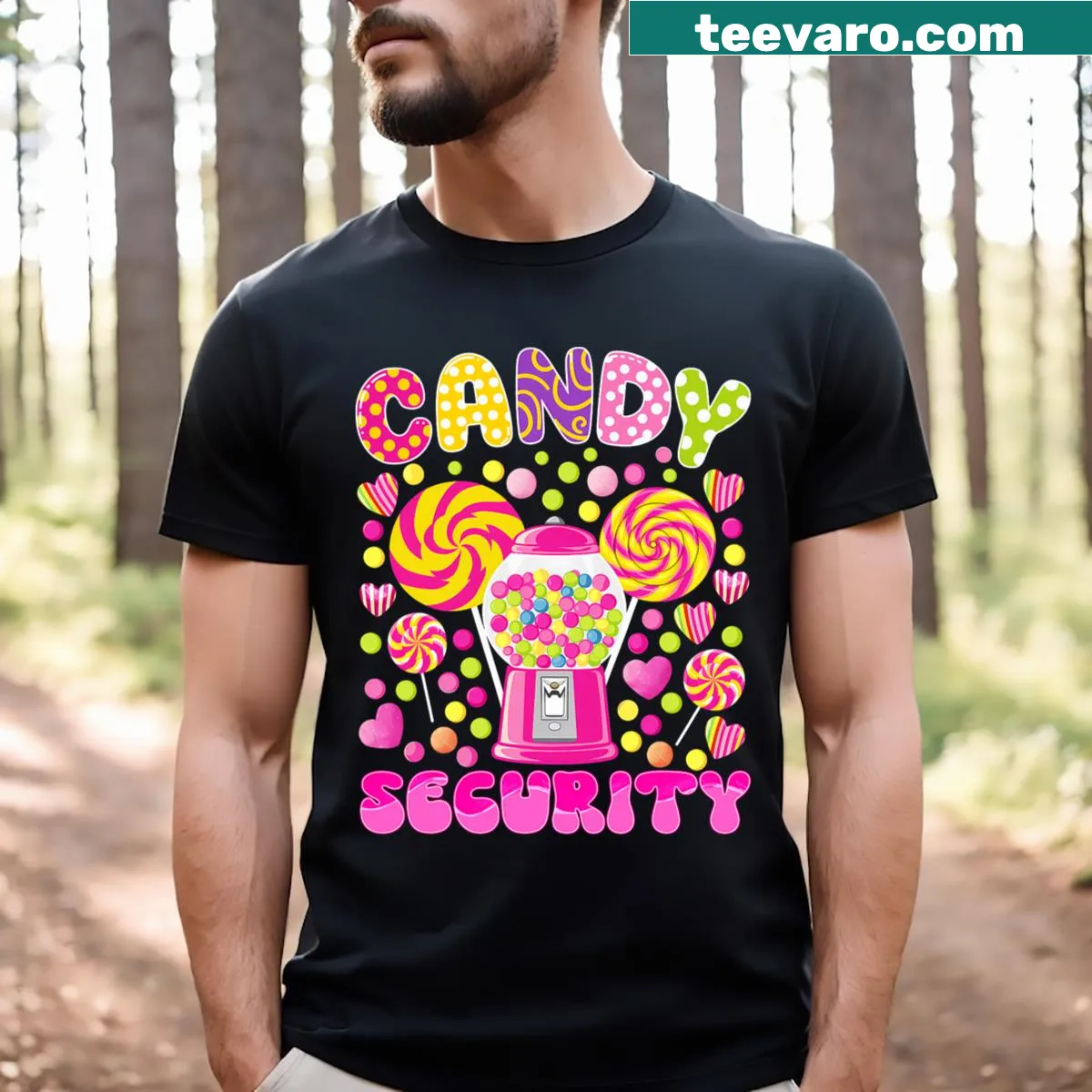 Funny candy-themed t-shirt with Candy Crew illustration — on a men's t-shirt