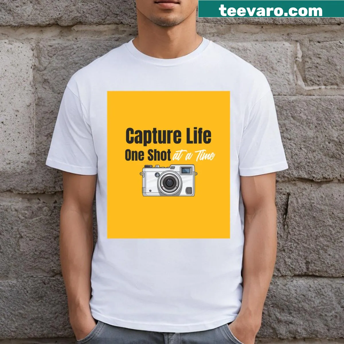 Inspirational photography t-shirt with text about capturing moments. — on a men's t-shirt