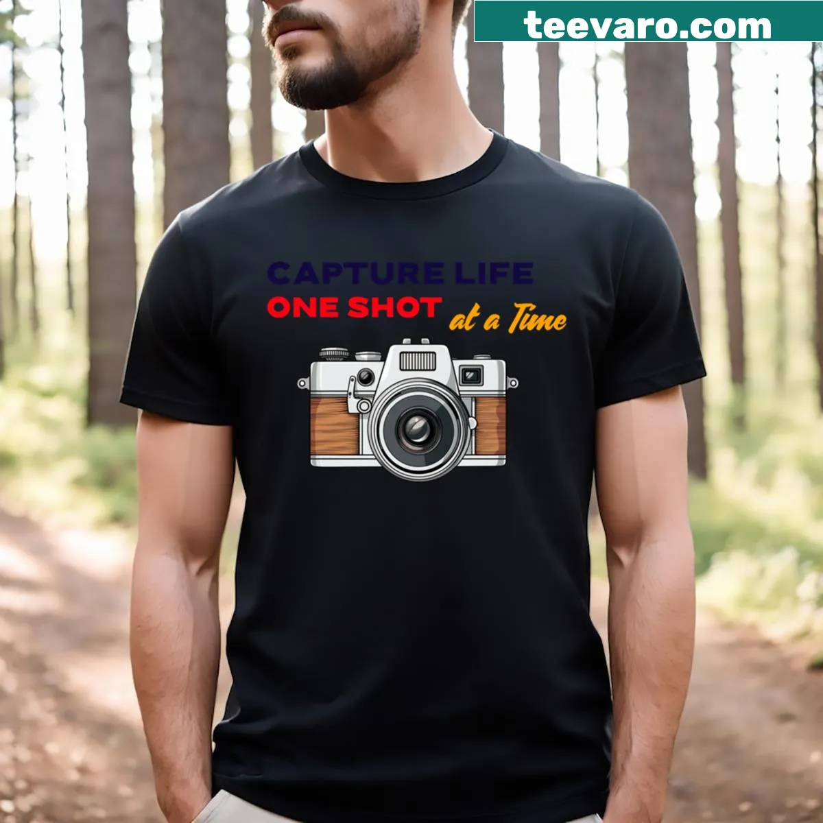 Thoughtful Capture Life typography graphic on t-shirt — on a men's t-shirt