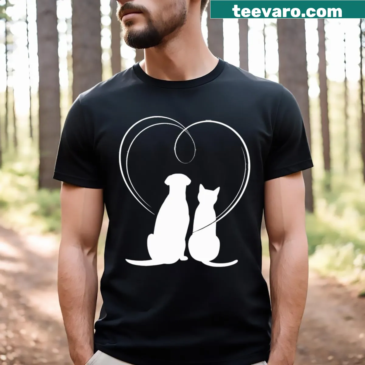 Silhouette of a cat and dog with heart outline design — on a men's t-shirt